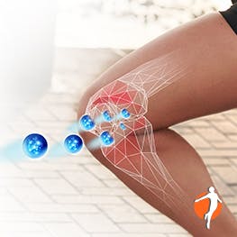A depiction of knee pain relief from Diclofenac and a Voltaren logo 